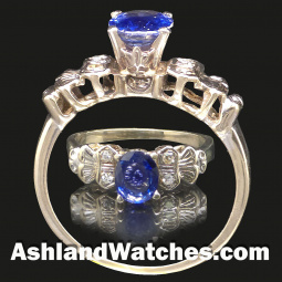 Vintage Blue Sapphire Diamond Engagement Ring in 18K White Gold